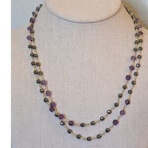 Amethyst Black Spinel Gemstone Rosary Style Beaded 38" Necklace